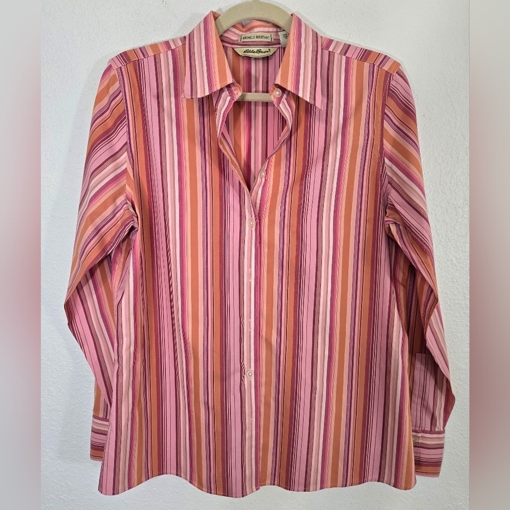 Eddie Bauer Wrinkle Resistant Button Up Shirt Sunset Stripe Work Church, size M